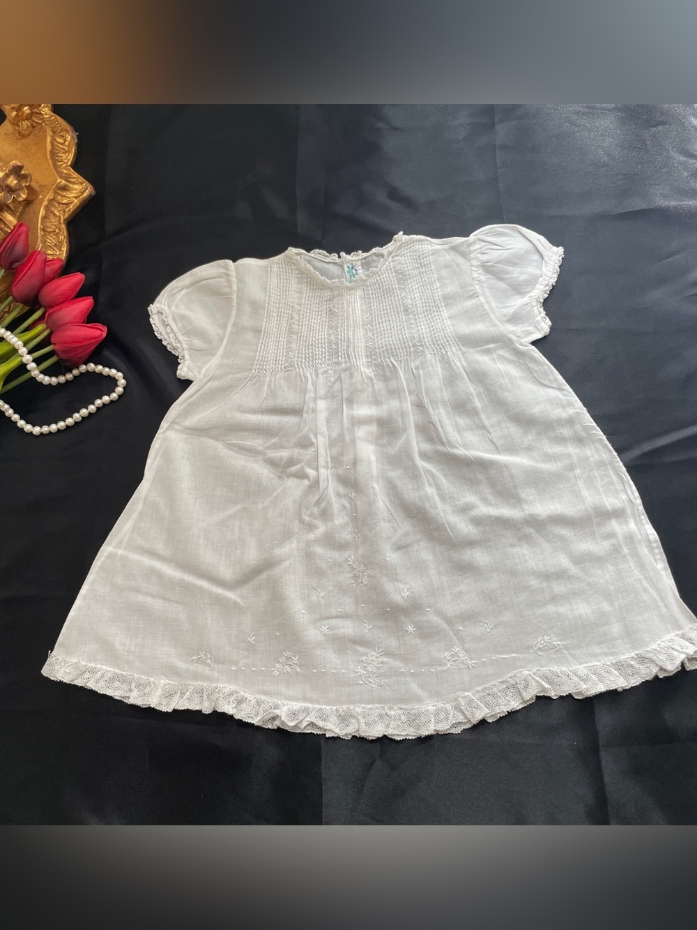 Vintage Baby Dress 1T Christening Baptism Flower Girl White Lace Hand Embroidery